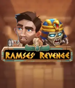 Dive into the thrilling world of the Ramses' Revenge game by Relax Gaming, featuring a surprised explorer and a fierce mummy set against an Egyptian tomb backdrop. This graphic captures the adventure of tomb exploration, perfect for fans of Egyptian-themed slots, offering a thrilling adventure. 